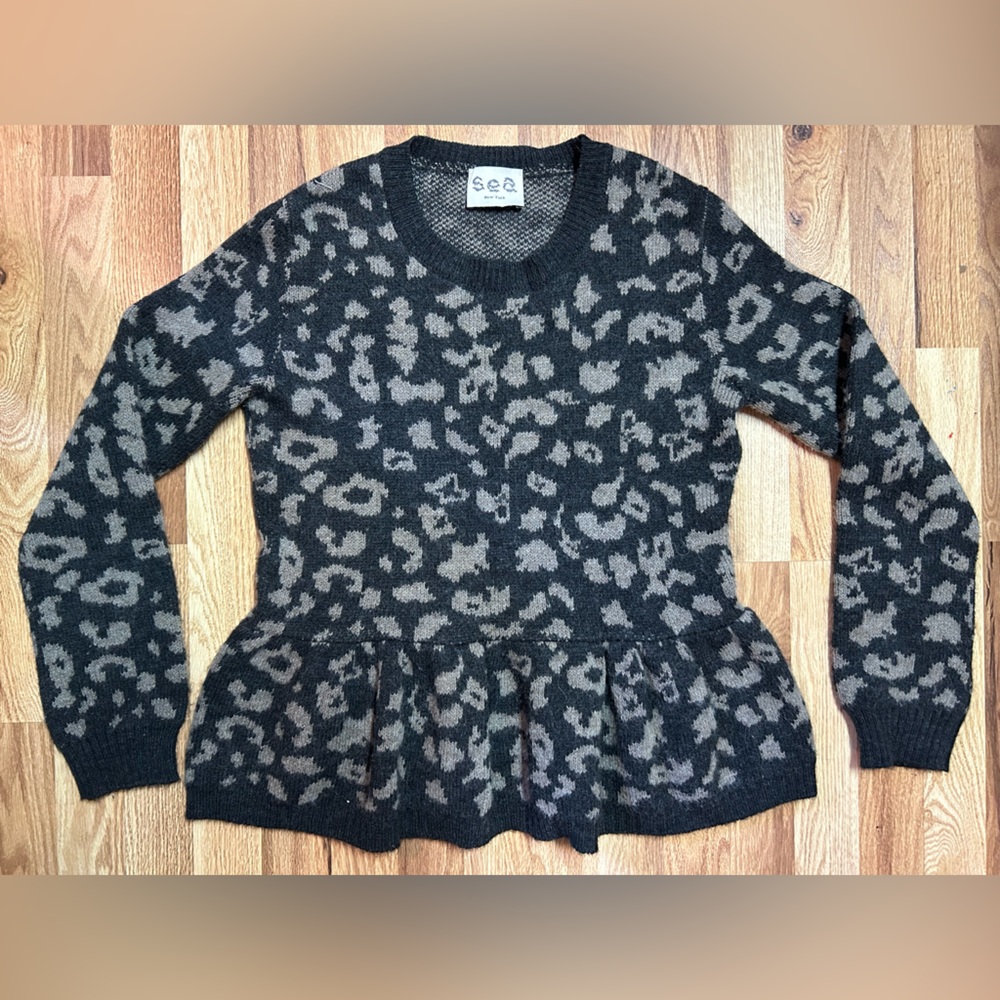 SEA New York Sweater Peplum M Leopard Cheetah Gray Alpaca Print y2K 2000s wool